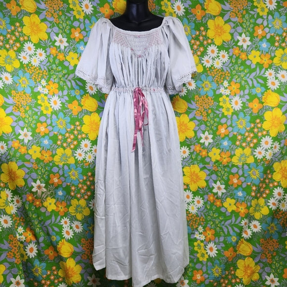 60s Handmade Vintage Empire Waist Floral Embroidered Maxi Dress - Picture 1 of 7